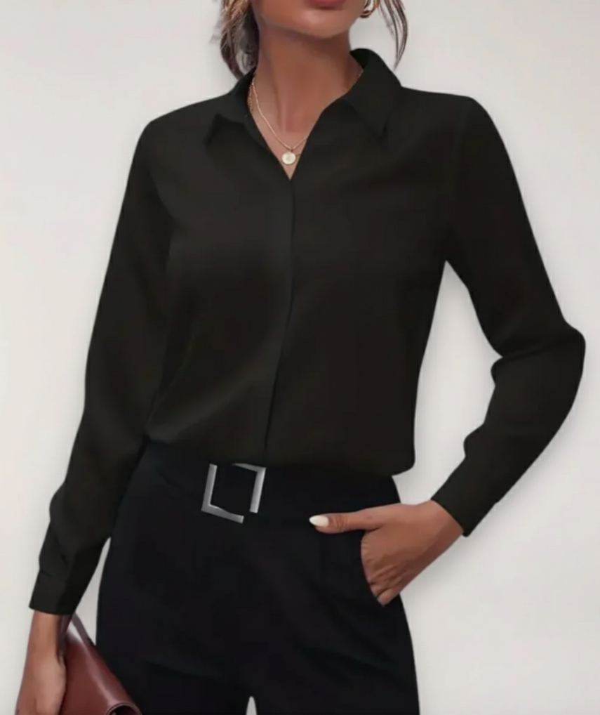 Dames Blouse Lange Mouw met Klassieke Kraag en Verborgen Knoopsluiting