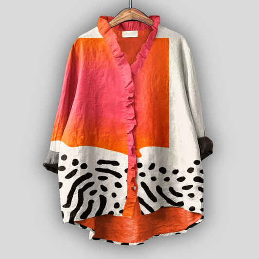Dames Blouse Lange Mouw met Ruches en Grafische Print