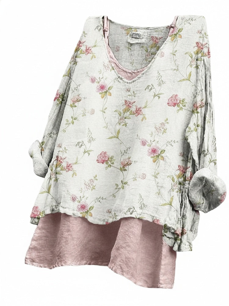 Dames Blouse Lange Mouw met V-hals en Bloemenprint Gelaagde Look