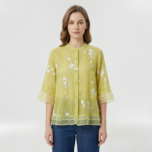 Dames Blouse met Driekwart Mouw, Bloemenborduursel en Staande Kraag Geel