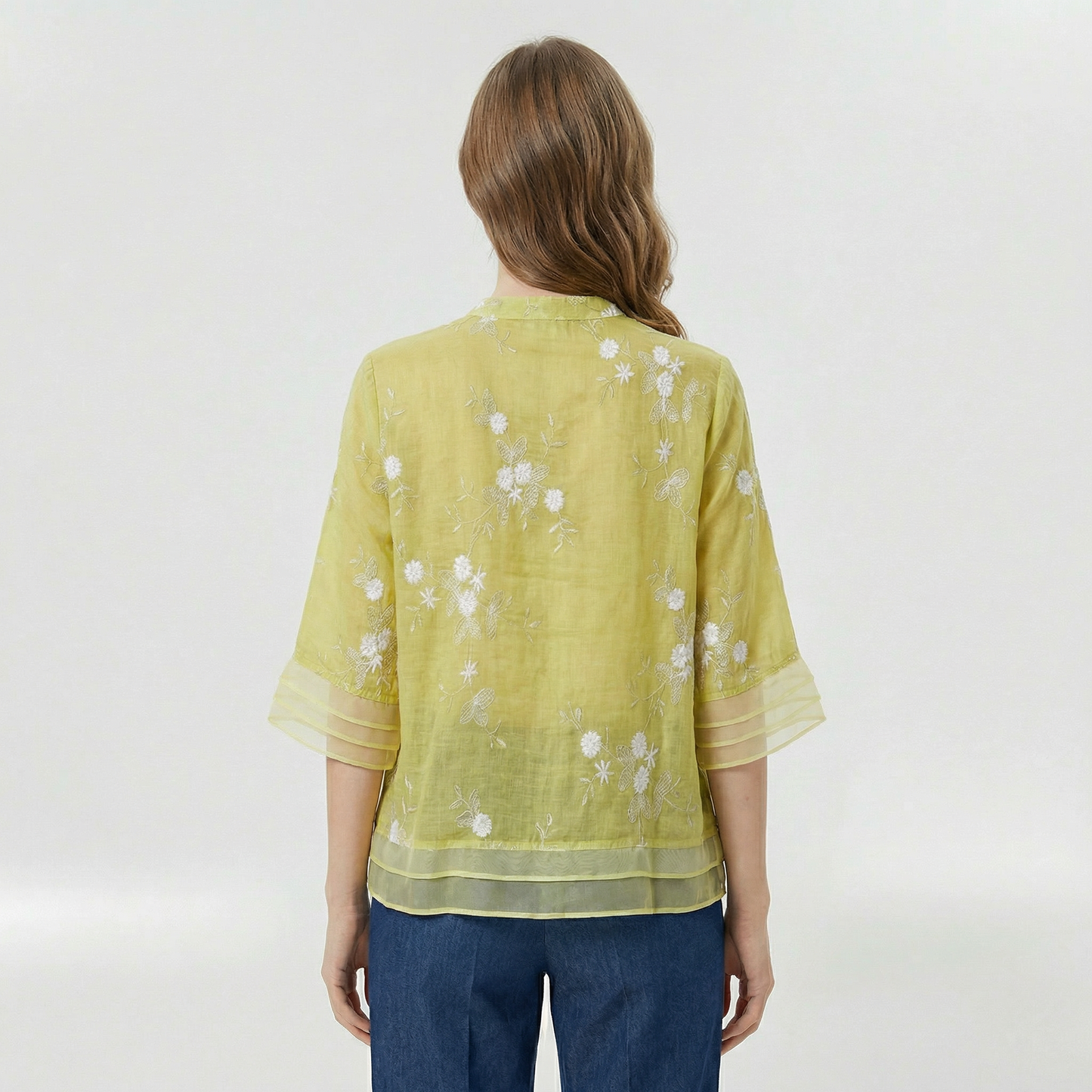 Dames Blouse met Driekwart Mouw, Bloemenborduursel en Staande Kraag