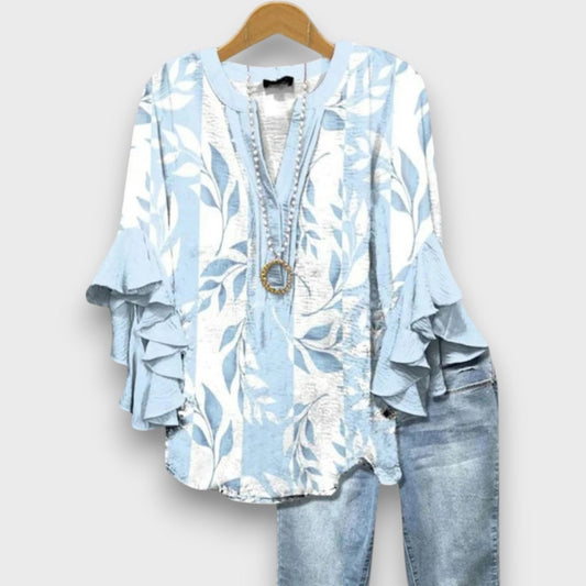 Dames Blouse met V-hals en Rüschenmouwen met Bloemenprint