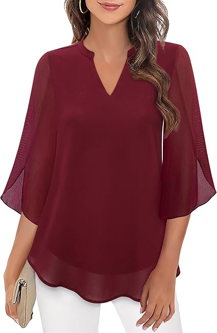Dames Blouse met V-hals en Transparante Mouwen Wijnrood