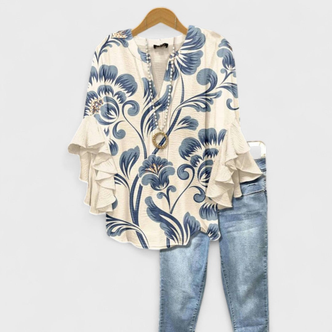 Dames Blouse met V-hals en Volantmouwen Wit