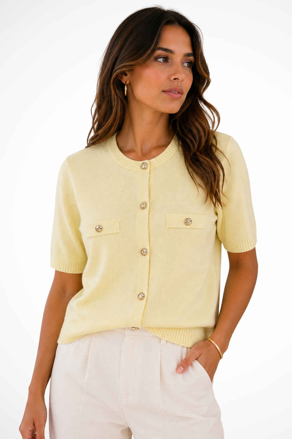 Dames Cardigan Korte Mouw met Ronde Hals en Gouden Knopen Geel