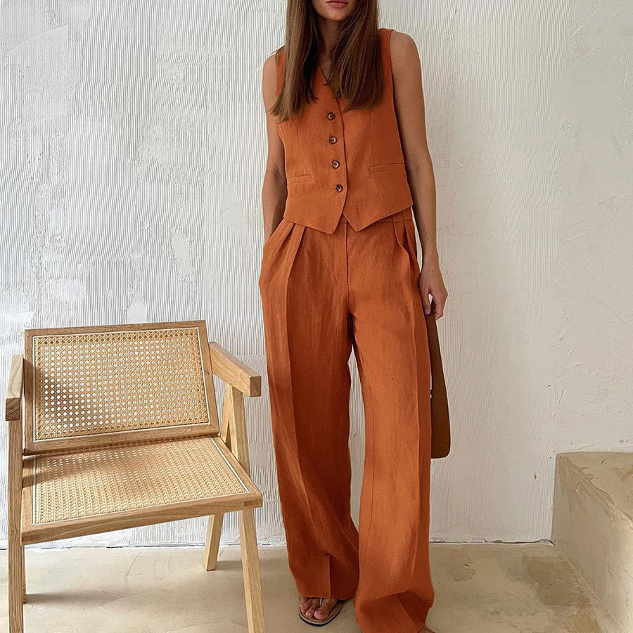 Dames Kledingset Mouwloos Vest met Wijde Broek Oranje