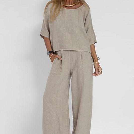 Dames Clothing Set Oversized Top met Korte Mouw en Wijde Broek Lichtgrijs