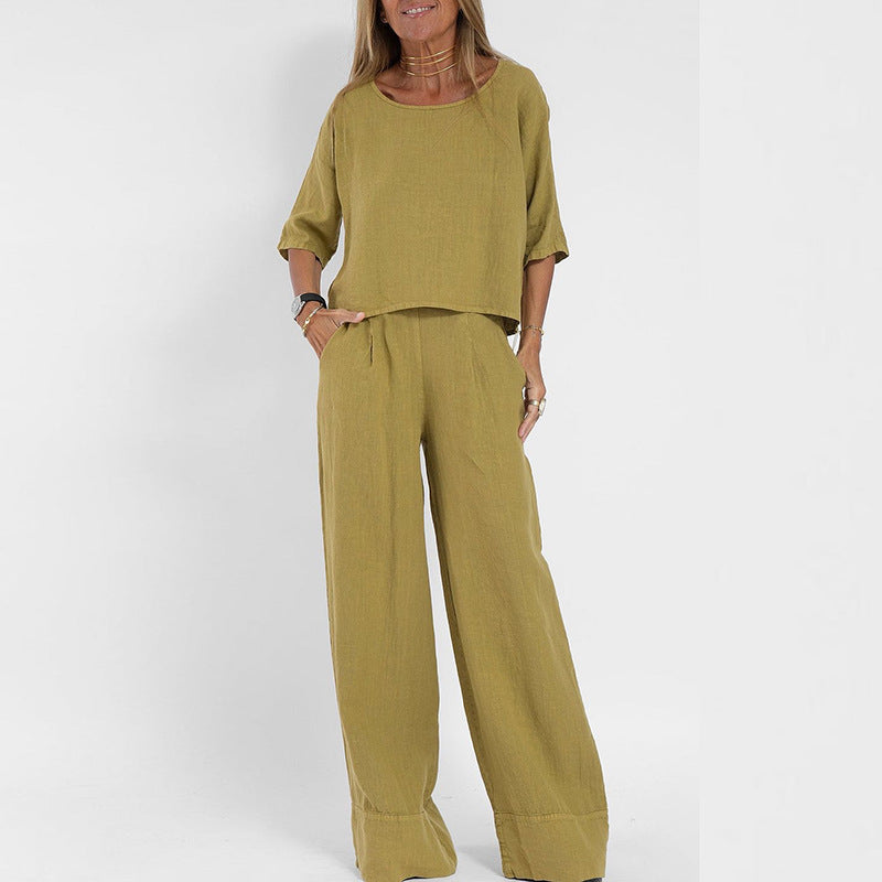 Dames Clothing Set Oversized Top met Korte Mouw en Wijde Broek Geel