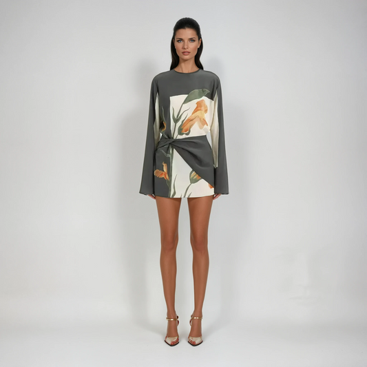 Dames Cocktailjurk met Lange Mouw Bloemenprint en Gedraaide Taille Bloemenprint