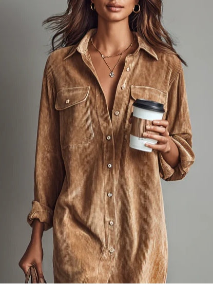 Dames Corduroy Blousejurk met Knoopsluiting en Borstzakken
