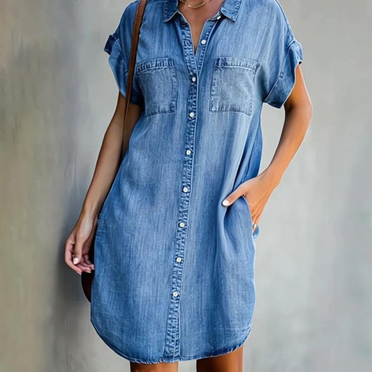 Dames Denim Jurk Korte Mouw met Hemdkraag en Knoopsluiting Lichtblauw