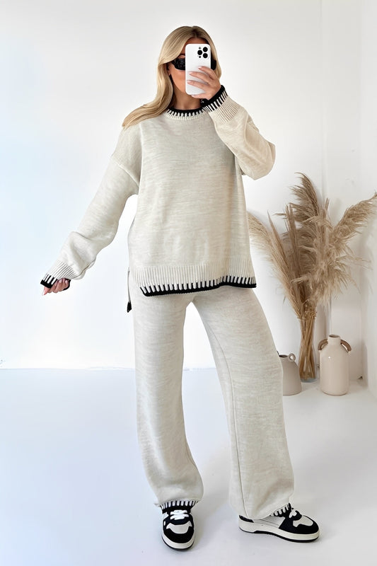 Dames Co-ord Set met Contrastbies Beige