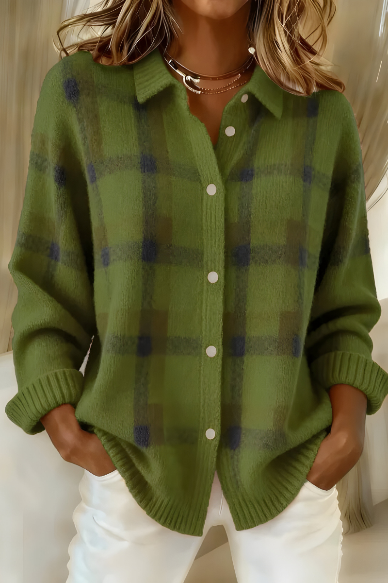 Dames Geruite Oversized Cardigan met Kraag en Knoopsluiting Groen