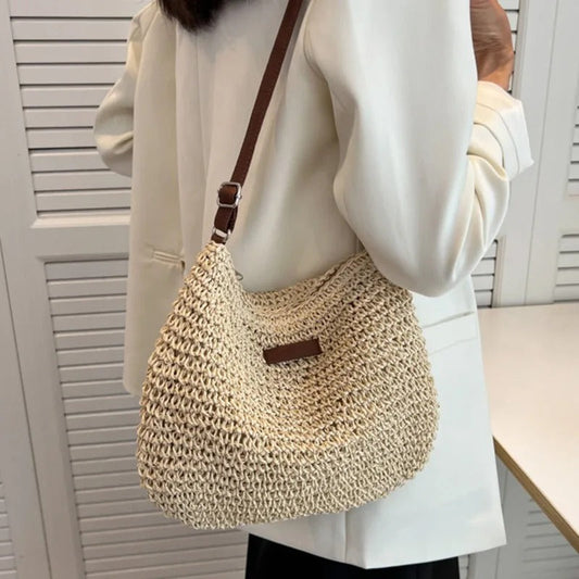 Dames Gevlochten Schoudertas met Verstelbare Riem en Ritssluiting Beige