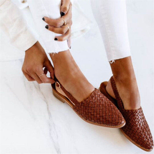 Dames Gevlochten Slingback Flats met Spitse Neus en Gesp Donkerbruin