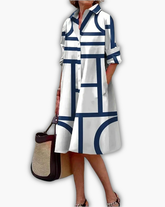Dames Hemdjurk met Geometrische Print en Zakken Blauw