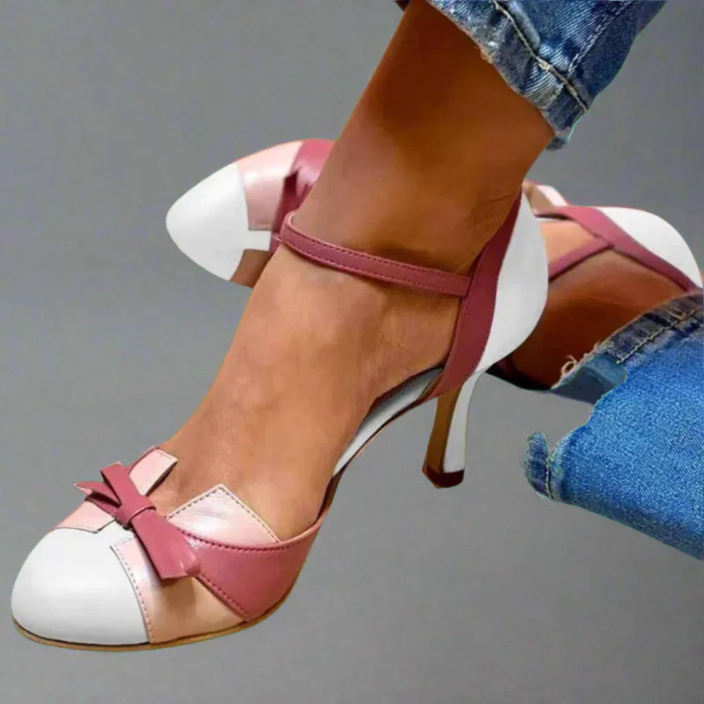 Dames High Heels met Enkelbandje, Ronde Neus en Strikje Wit Roze