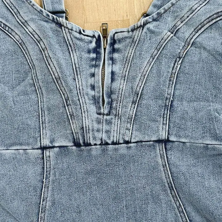 Dames Jeanskleid Midi Mouwloos met Verstellbare Bandjes en Zijsplit