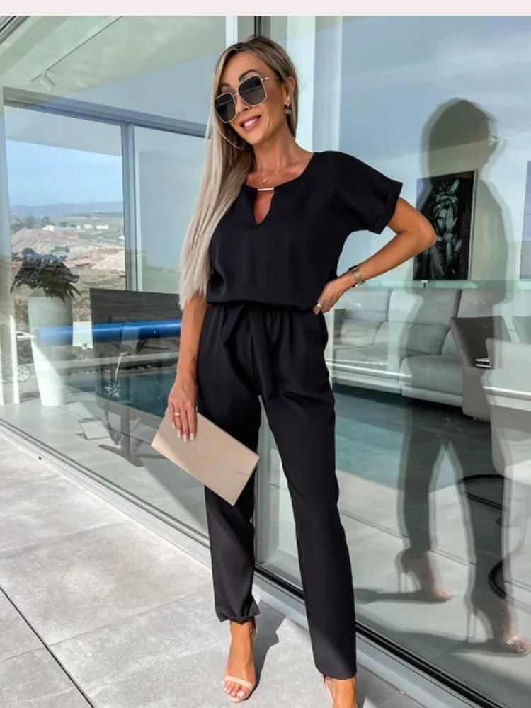 Dames Jumpsuit Korte Mouw met V-hals en Strikceintuur Zwart