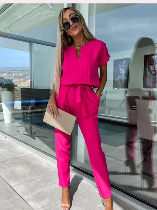 Dames Jumpsuit Korte Mouw met V-hals en Strikceintuur Rozenrood
