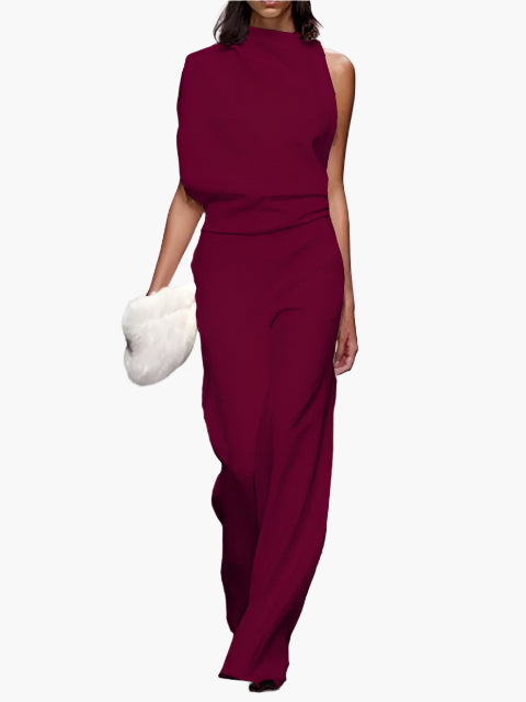 Dames Jumpsuit Mouwloos met Wijde Pijpen en Ronde Hals Wijnrood