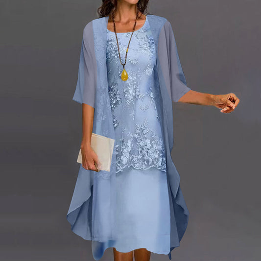 Dames Kanten Jurk met Chiffon Overslag en Halflange Mouwen Blauw