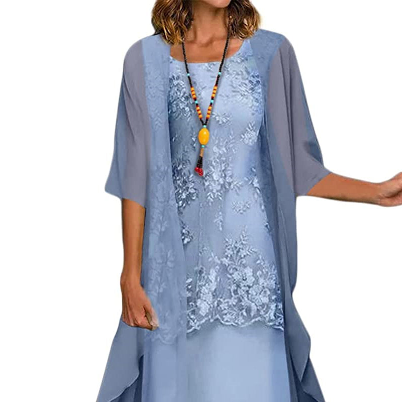 Dames Kanten Jurk met Chiffon Overslag en Halflange Mouwen
