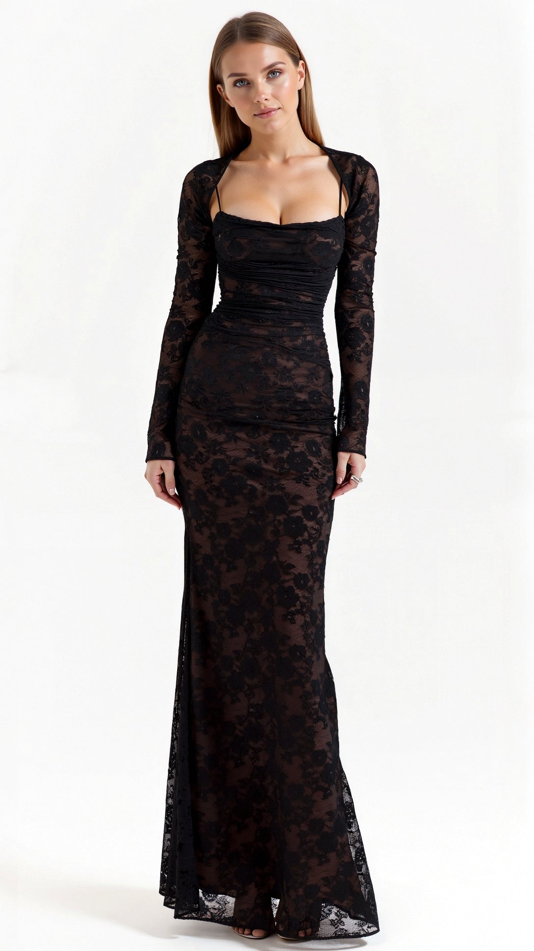 Dames Kanten Maxi Jurk met Corset en Lange Mouwen Zwart