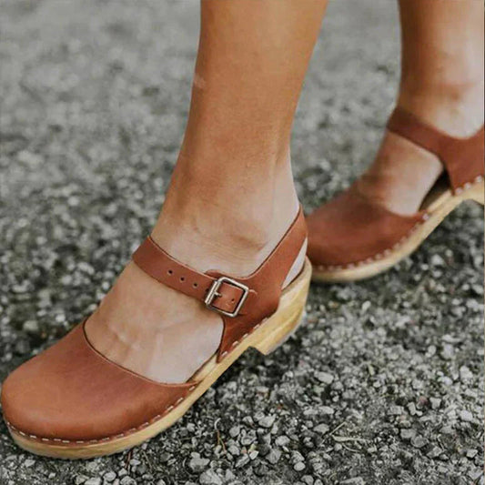 Dames Klompen Sandalen met Enkelbandje en Gesp op Blokhak