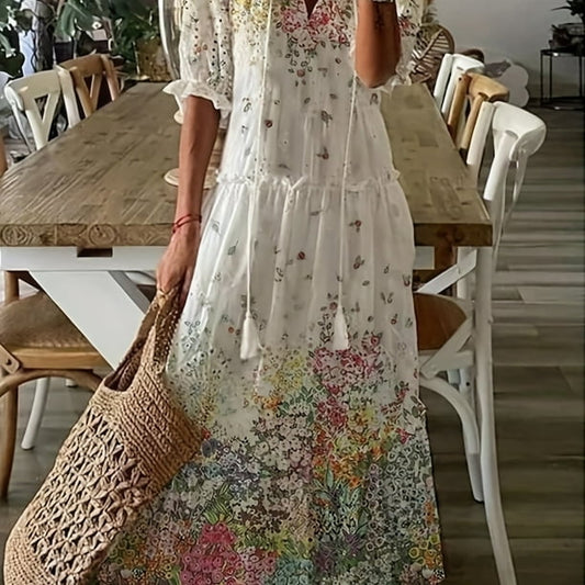 Dames Lange Jurk met Bloemenprint en Ruches