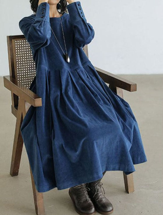 Dames Lange Jurk met Ronde Hals en Plooirok met Knoopdetails Blauw