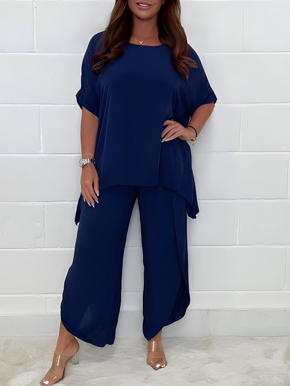 Dames Loungewear Set Korte Mouw met Wijde Broek Oversized Donkerblauw