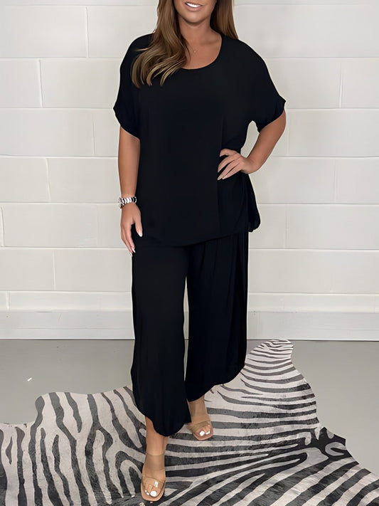 Dames Loungewear Set Korte Mouw met Wijde Broek Oversized Zwart