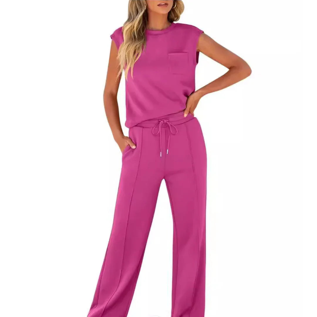 Dames Loungewear Set Mouwloos Top met Wijde Broek en Trekkoord Roze Rood