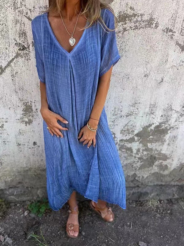 Dames Maxi Jurk Korte Mouw met V-hals en Oversized Fit
