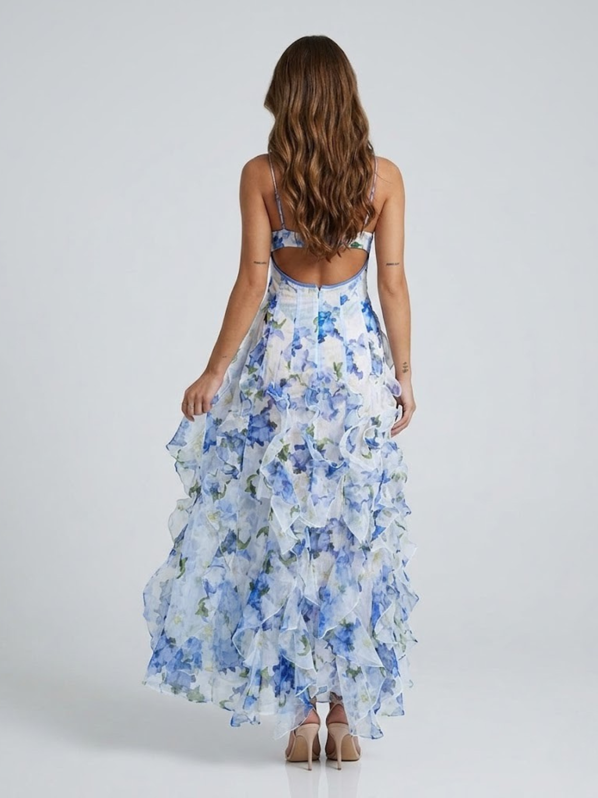 Dames Maxi Jurk met Bloemenprint, Ruches en Corset Taille
