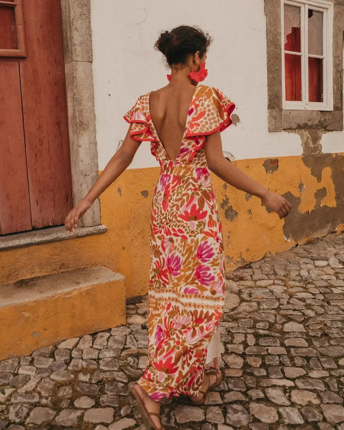 Dames Maxi Jurk met Bloemenprint, V-hals en Ruches Mouwen