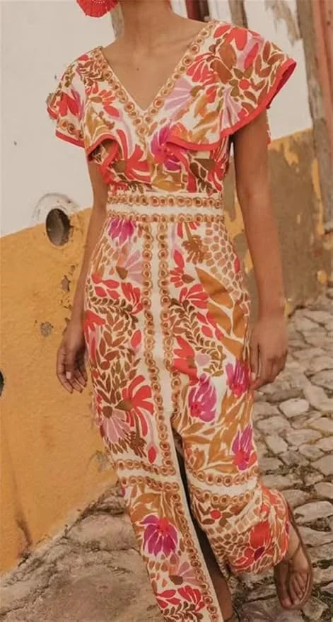 Dames Maxi Jurk met Bloemenprint, V-hals en Ruches Mouwen