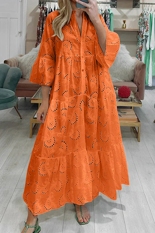 Dames Maxi Jurk met Broderie en V-hals en Knoopsluiting Oranje