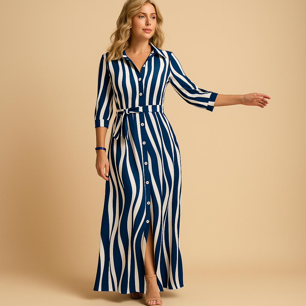 Dames Maxi Jurk met Driekwart Mouwen, Kraag en Strikceintuur