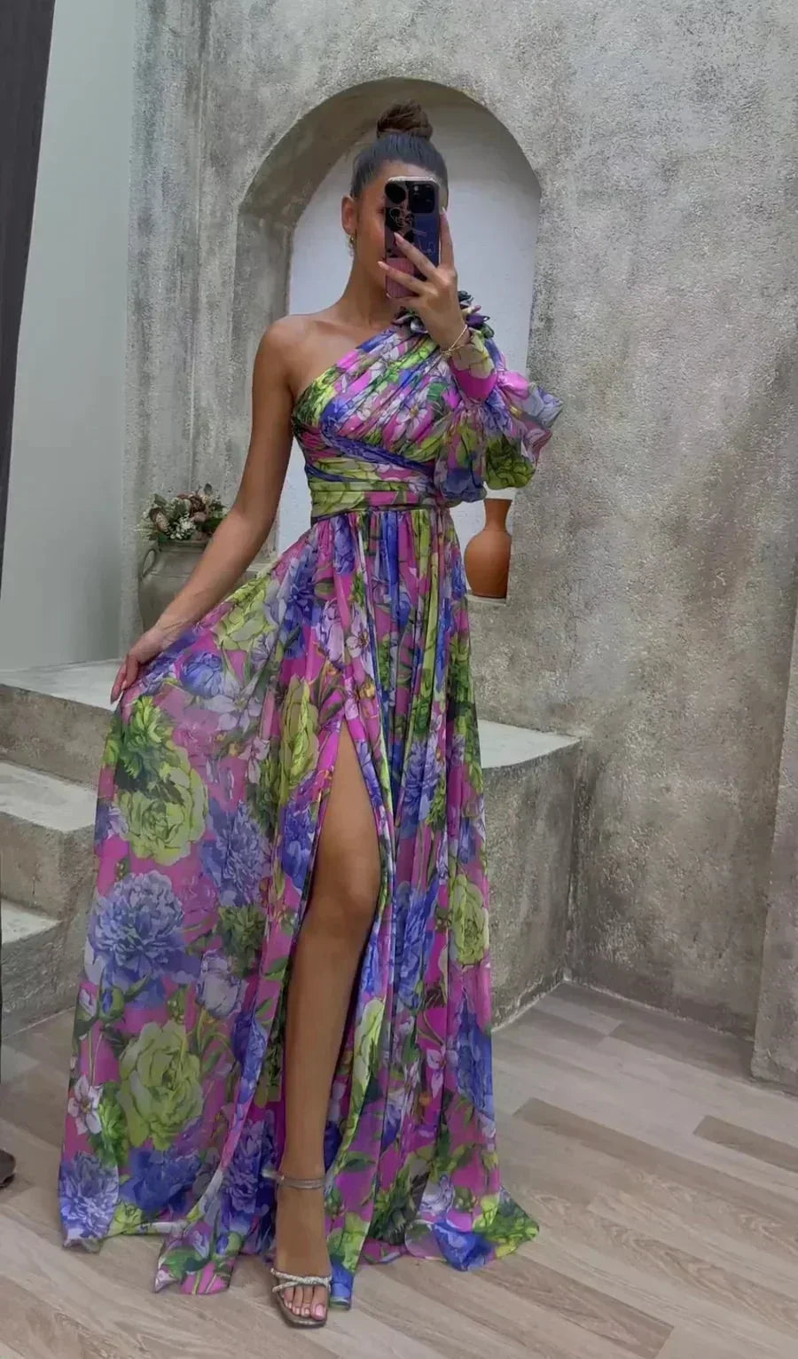 Dames Maxi Jurk met Één Schouder, Bloemenprint en Beensplit Violet