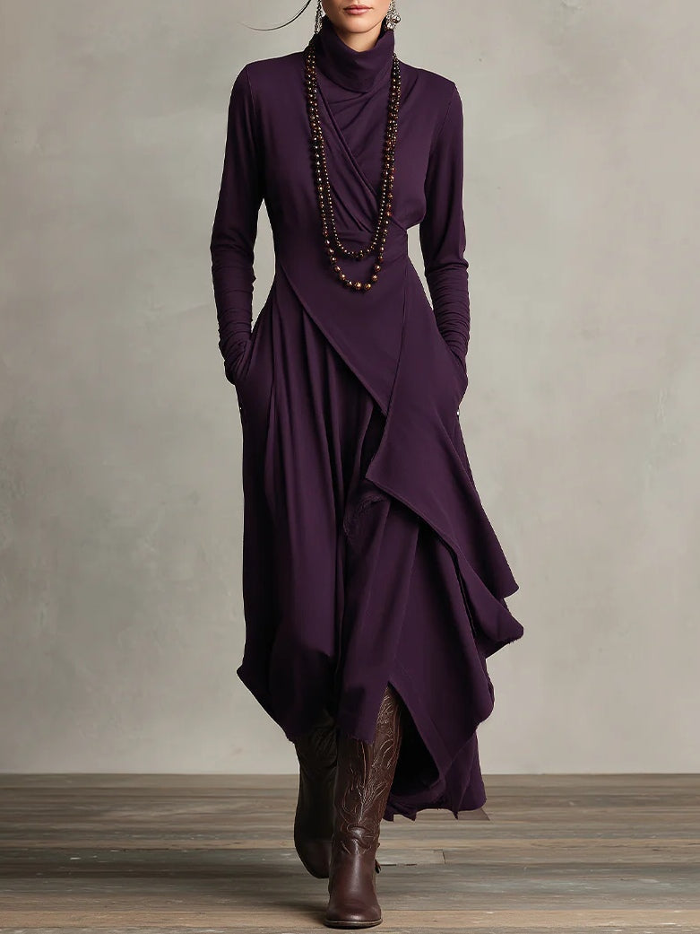 Dames Maxi Jurk met Hoge Col Lange Mouw en Asymmetrische Rok Paars