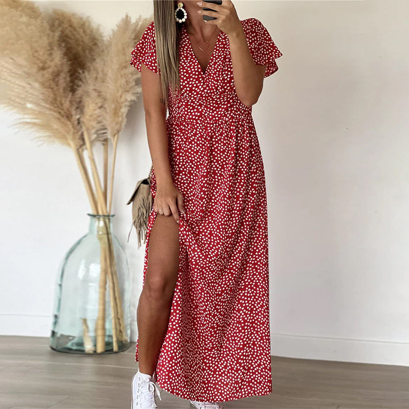Dames Maxi Jurk met V-hals en Bloemenprint met Volantmouwen en Zijsplit