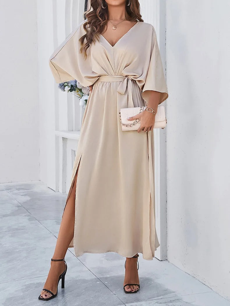 Dames Maxi Jurk met V-hals, Vleermuismouw, Strikceintuur en Split