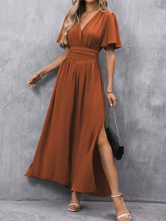 Dames Maxi Jurk met V-hals, Vlindermowen en Hoge Taille met Zijsplit