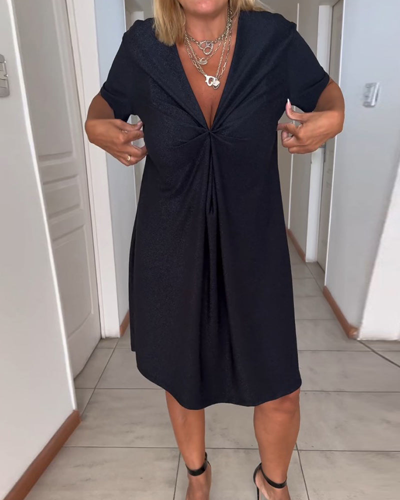 Dames Midi Jurk Korte Mouw met Diepe V-hals en Twist Detail
