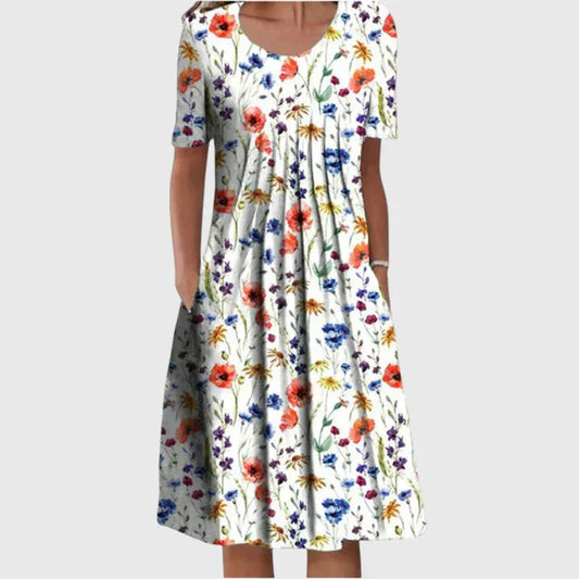 Dames Midi Jurk Korte Mouw met Ronde Hals en Bloemenprint Wit Rood