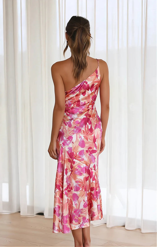 Dames Midi Jurk met Eenschouder en Bloemenprint