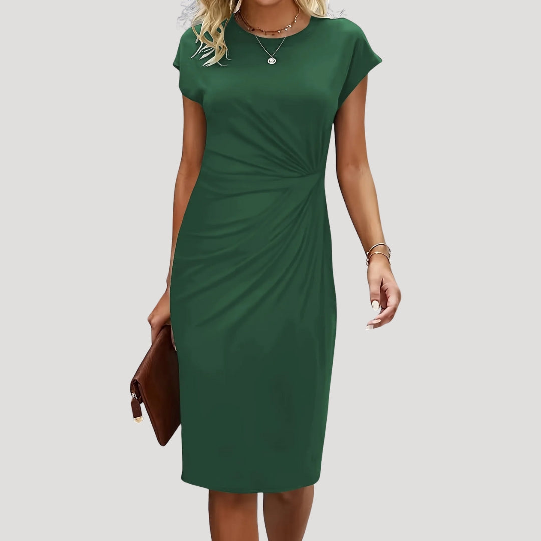 Dames Midi Jurk met Korte Mouw, Ronde Hals en Gedrapeerde Taille