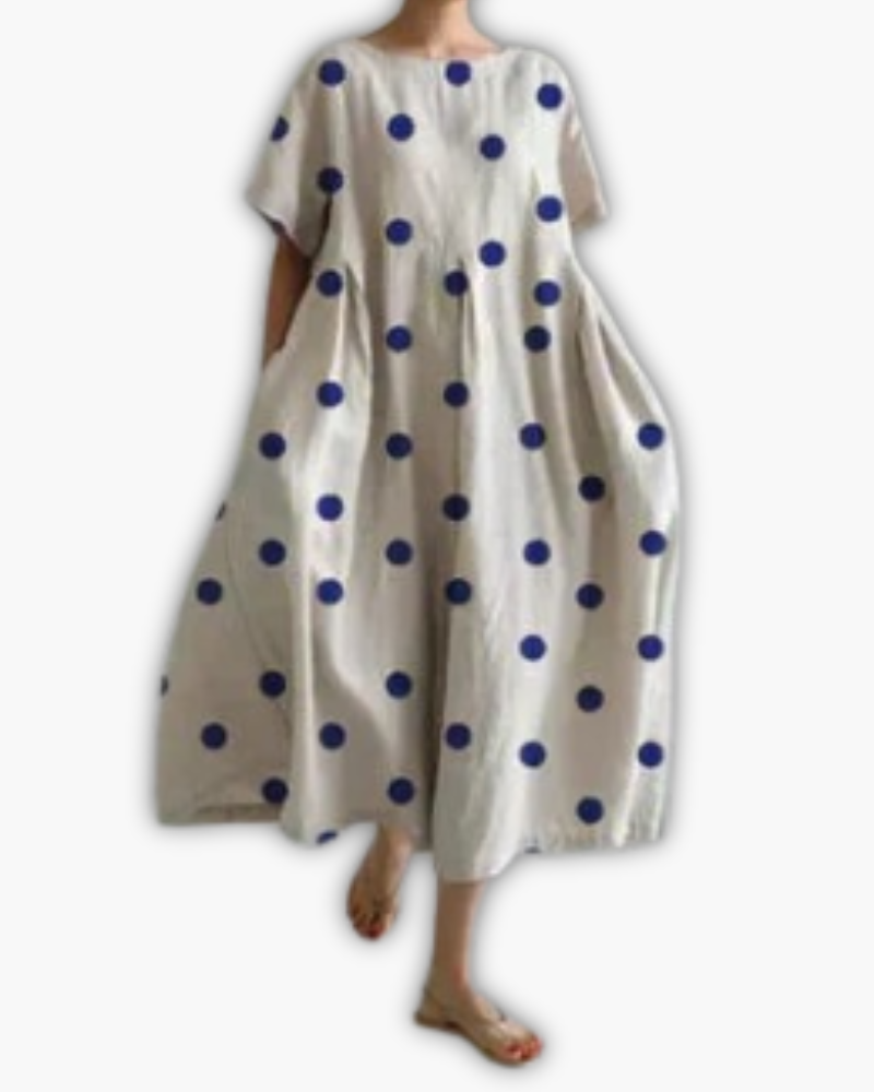 Dames Midi-jurk met Korte Mouwen en Ronde Hals Oversized Stippenprint